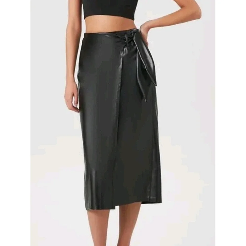 Faux Leather Wrap Midi Skirt Womens XL Black Tie Waist Grunge Indie Dark Academi
